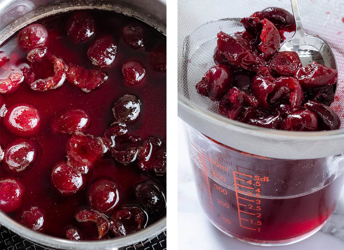 Cherry syrup with fresh cherries in a small pot cooling on the stove on the left and it being strained into a glass measuring cup on the right.