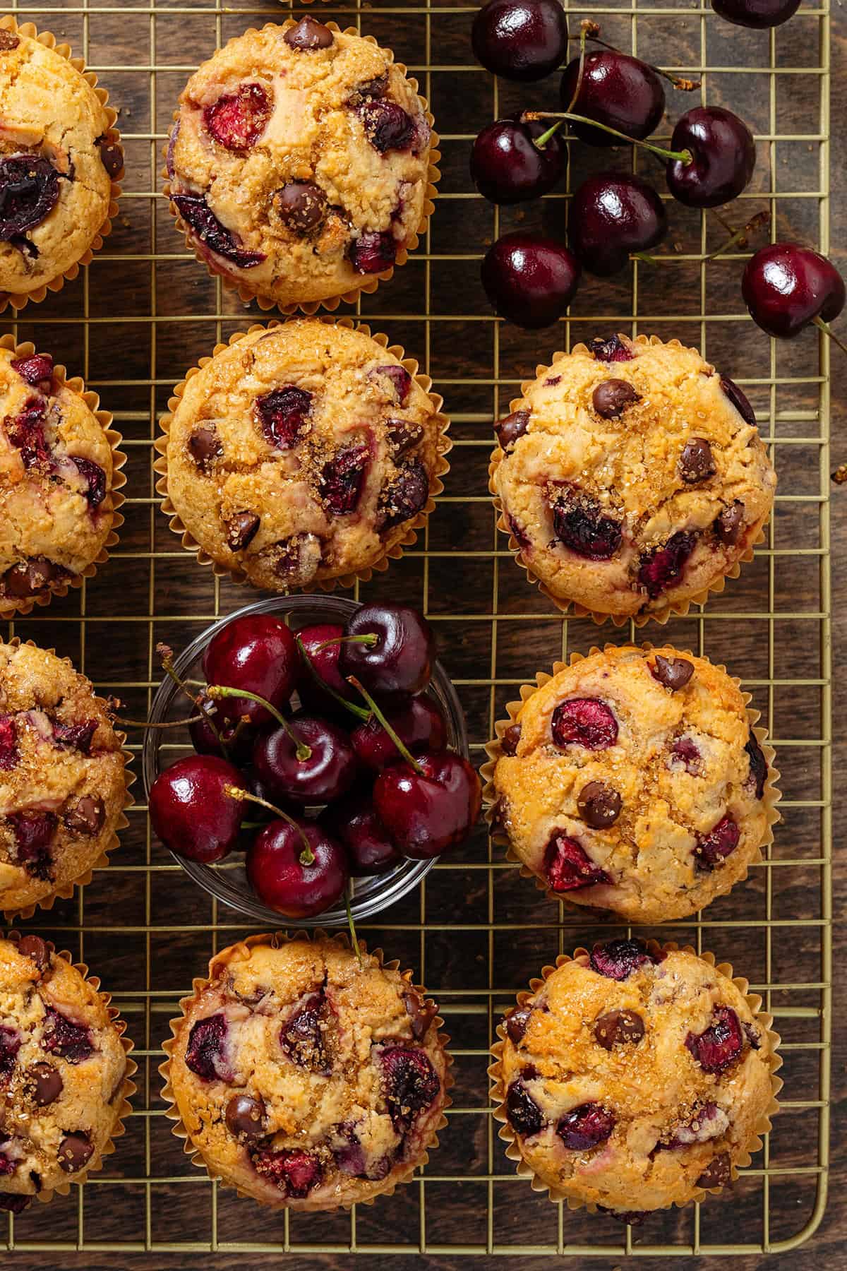 Muffins with cherries and chocolate chips on a gold cooking rack with fresh cherries around and in between them.