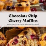 Muffins with cherries and chocolate chips on a cooling rack with the middle one cut in half to show the fluffy inside.