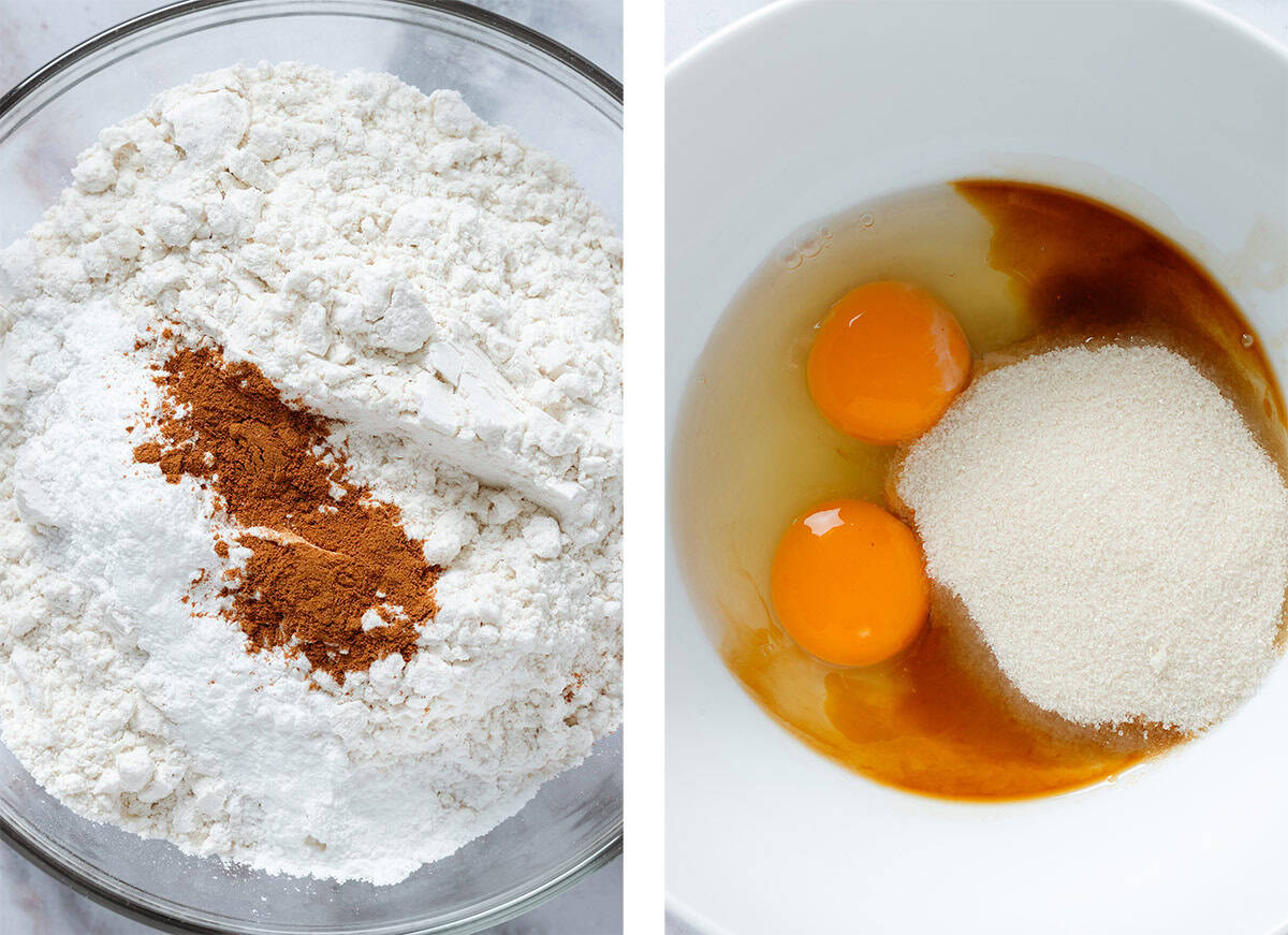 Flour with spices in a glass bowl on the left and two eggs with cane sugar in a white bowl on the right.