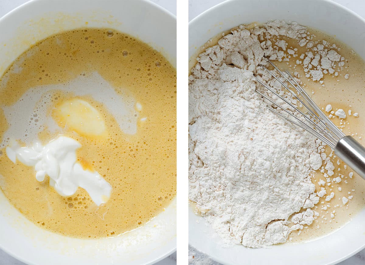 Liquid ingredients with added yogurt and milk on the left and with added dry ingredients on the right with a whisk in the bowl.