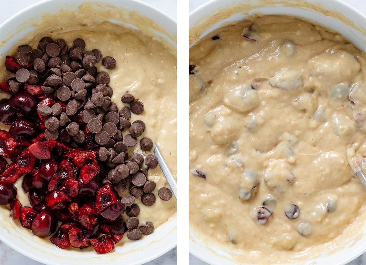 Muffin batter in a white bowl with added chocolate chips and chopped fresh cherries before and after mixing.