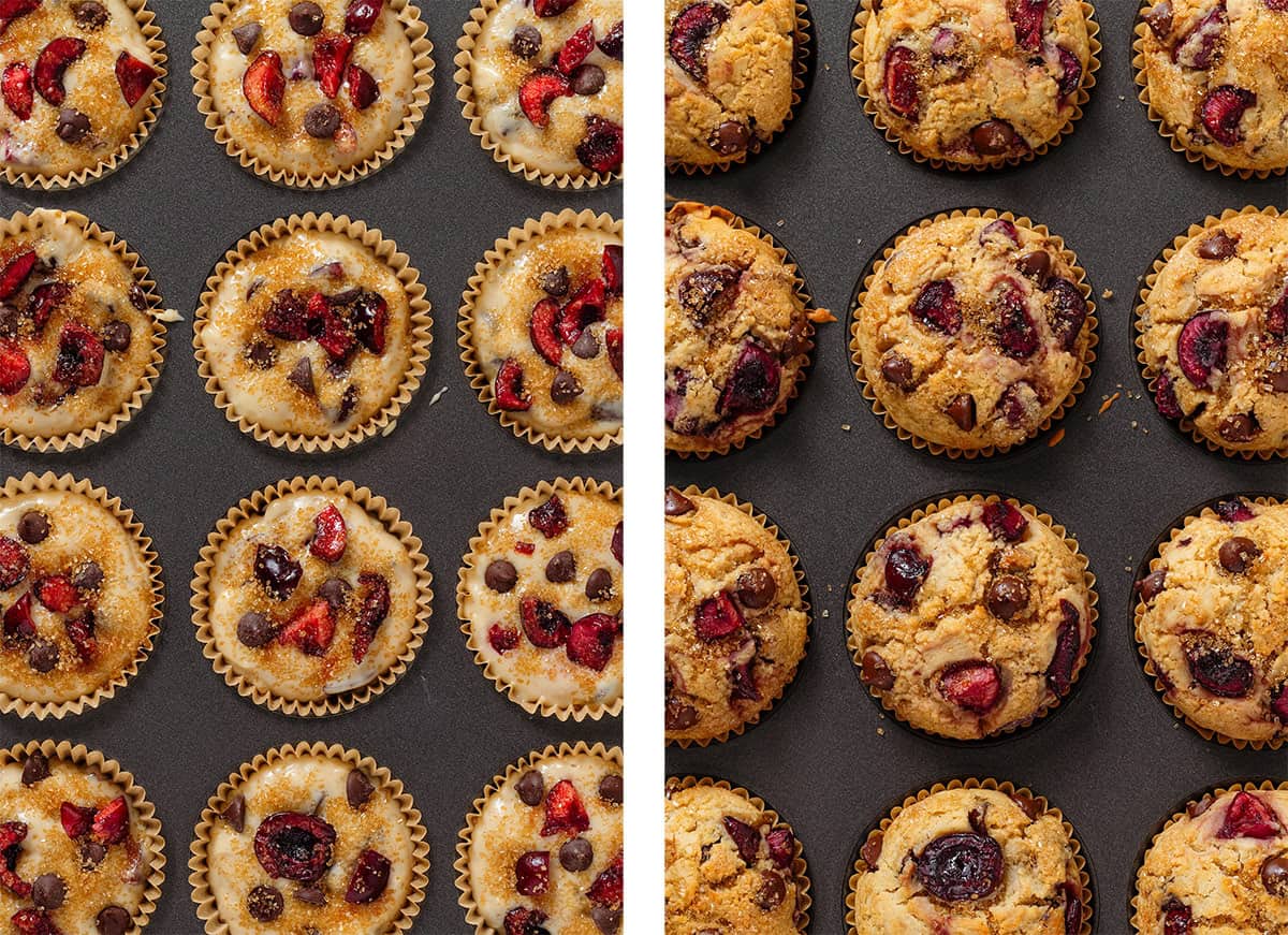 Muffins with fresh cherries and chocolate chips in a muffin pan before and after baking.