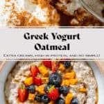 Creamy yogurt oatmeal in a white bowl with a beige rim topped with blueberries, strawberries, chopped mango, and drizzled with honey.