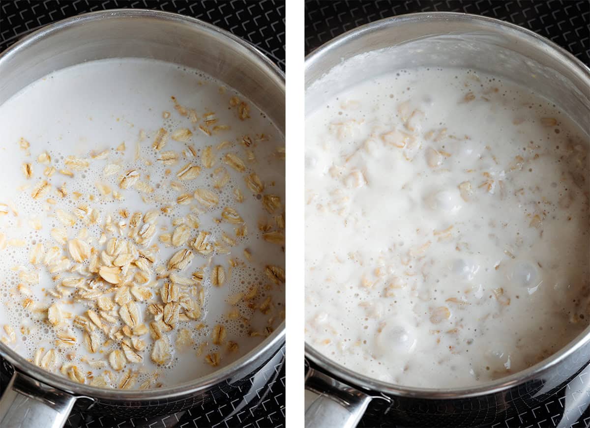 Oats cooking with milk in a small saucepan.