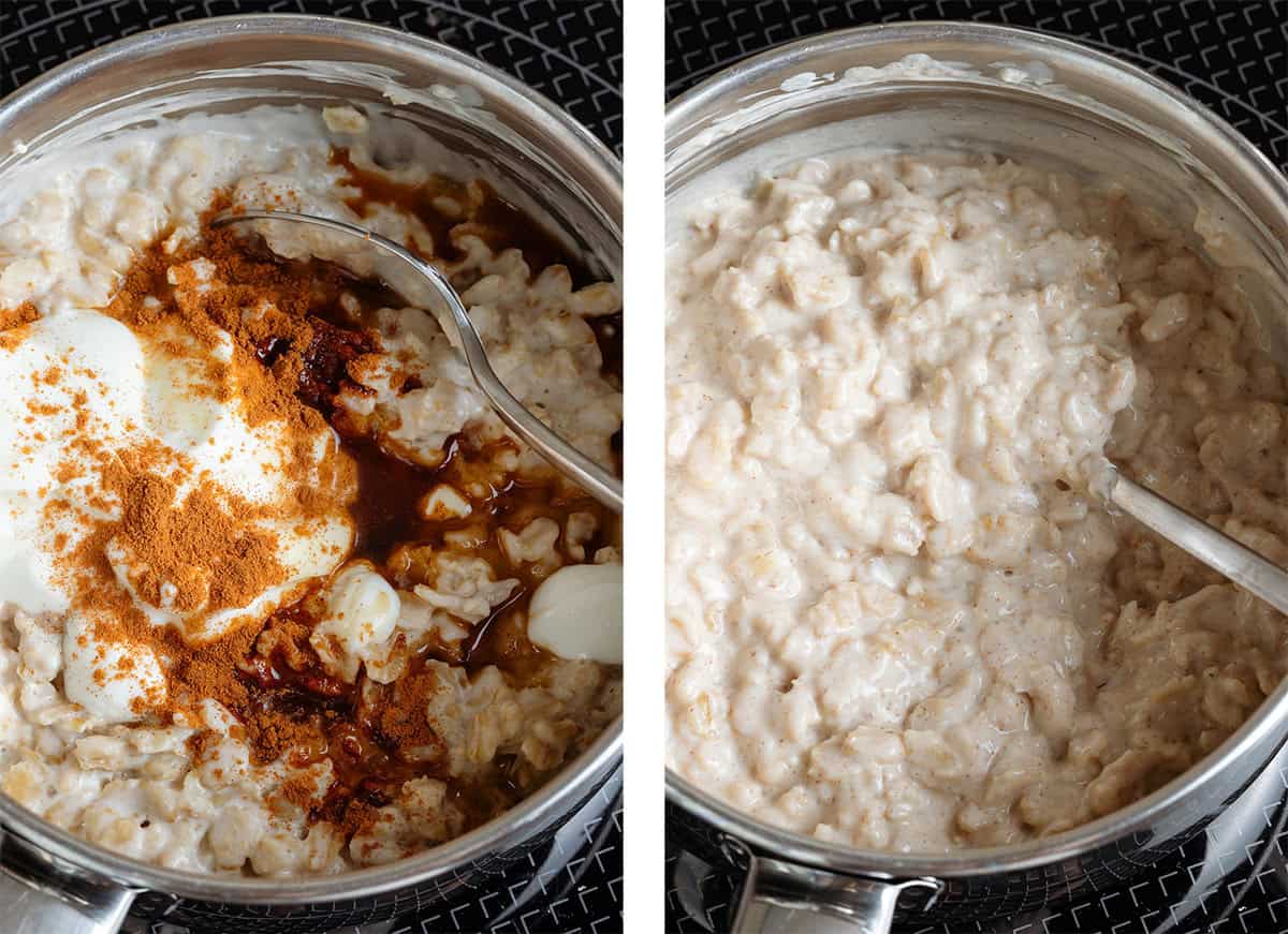 Oatmeal cooking in a small saucepan with yogurt, maple syrup, and cinnmamon being stirred in.