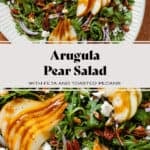 Arugula salad with sliced pears, feta, and roasted chopped pecans on a large serving plate drizzled with balsamic dressing.