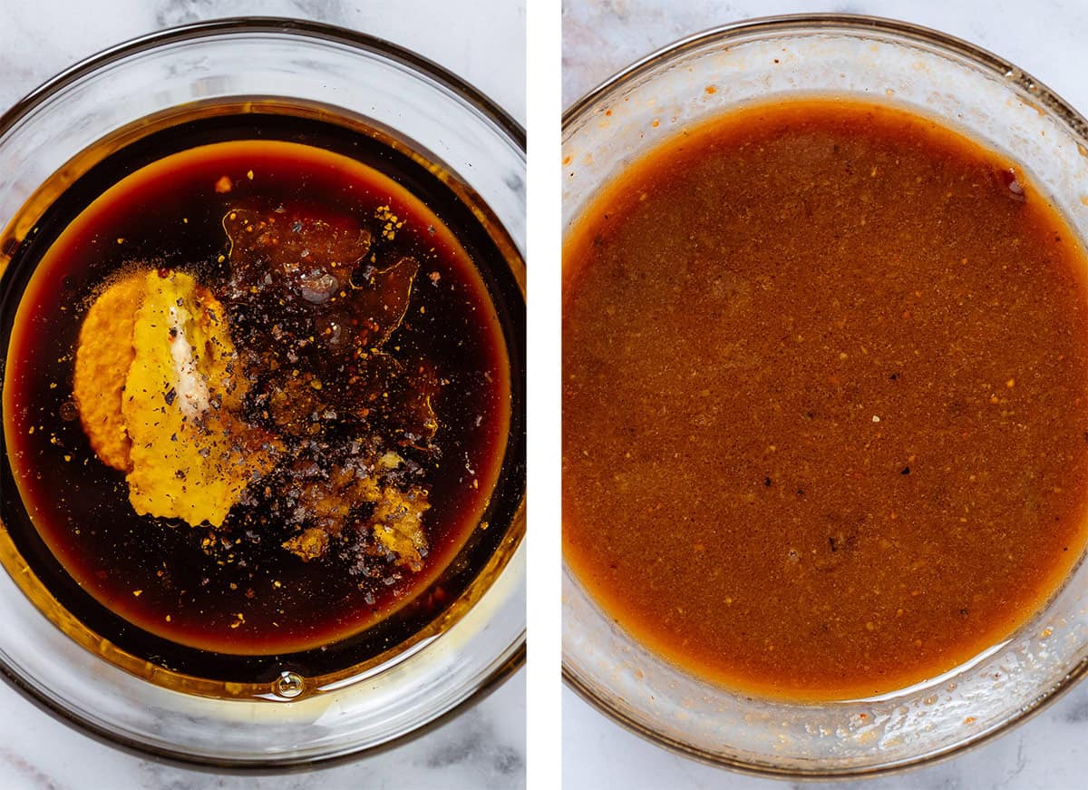 Blsamic dressing with dijon mustard before and after whisking in a small glass bowl.