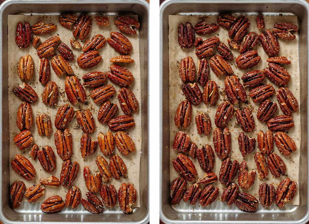 Pecans tossed with dried herbs and oil on a small baking sheet lined with parchment paper before and after roasting.
