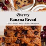 Slices of banana bread with cherries on small white plates with a fork cutting a corner off.