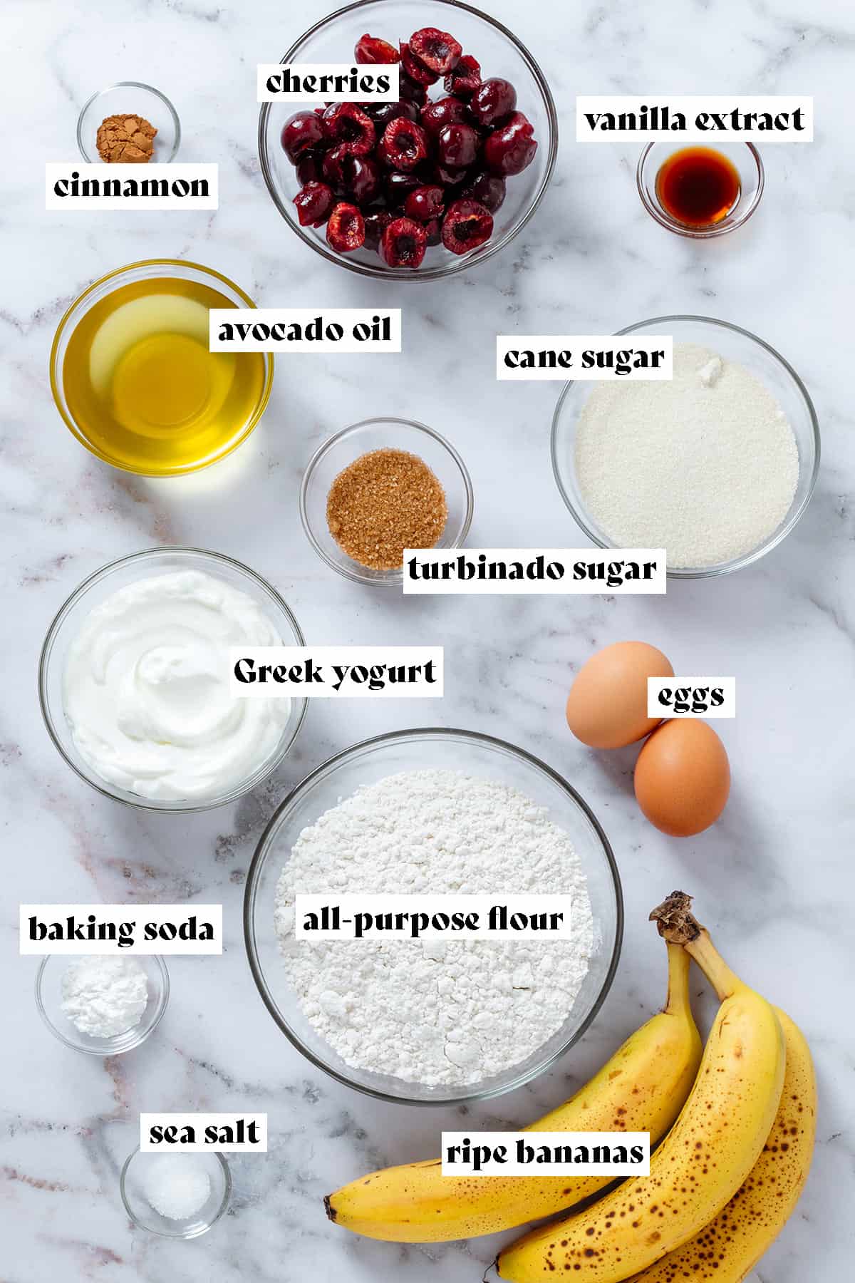 Ingredients like flour, yogurt, cane sugar, and fresh cherries in glass bowls with text overlay.