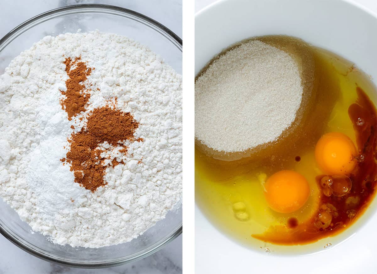 A bowl with flour with spices on the left and a bowl with sugar, eggs, and vanilla extract on the right.