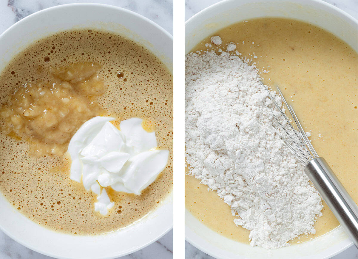 Wet ingredients with Greek yogurt and mashed banana on the left and with added flour on the right.