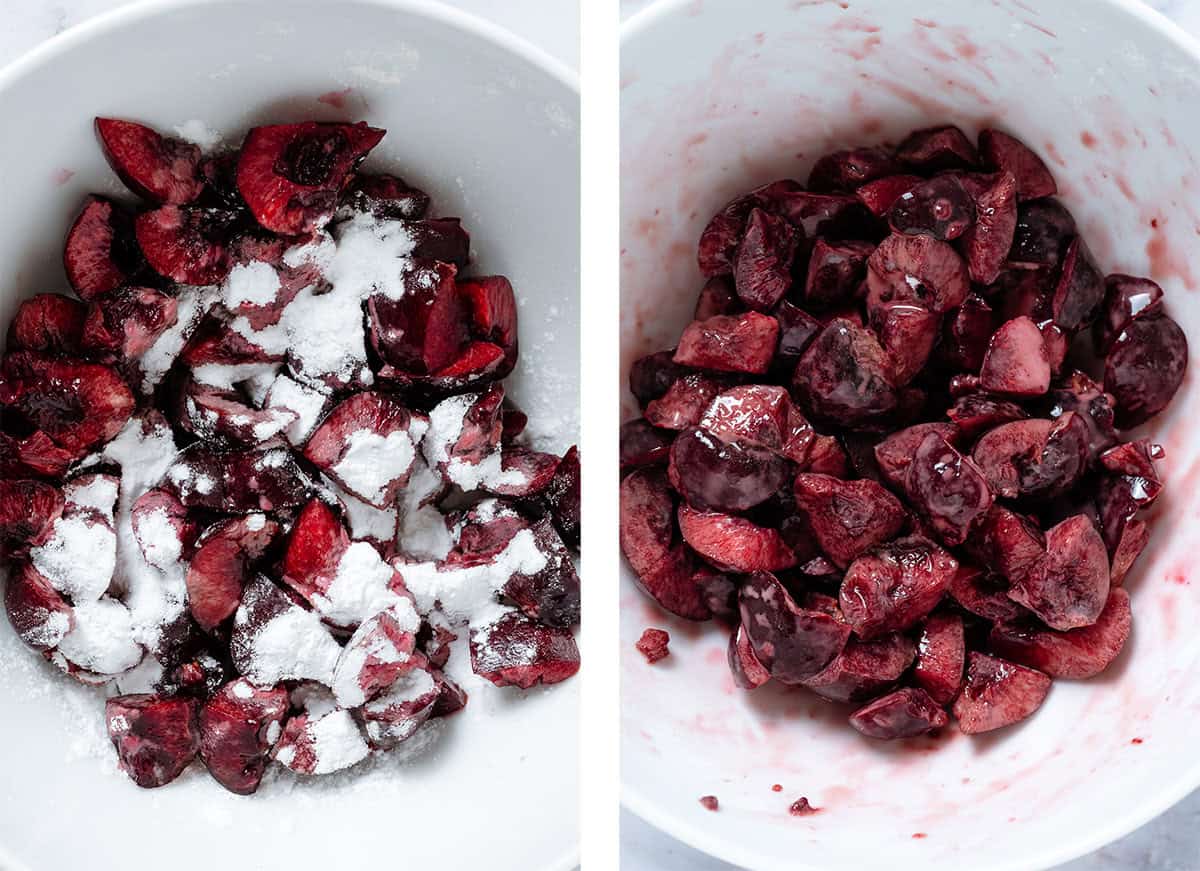 Chopped fresh cherries in a bowl with tapioca starch before and after tossing them together.