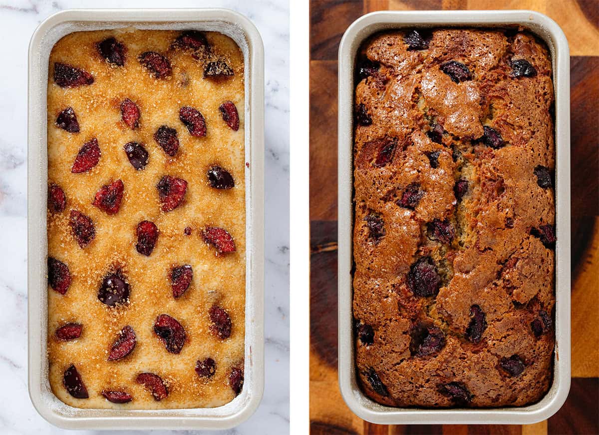 Cherry banana bread in a loaf pan with fresh cherries and turbinado sugar on top before and after baking.