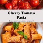Creamy tomato pasta in a low white bowl topped with fresh basil and dusted with grated parmesan and black pepper with a fork inside the bowl on the right.
