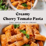 Creamy tomato pasta in a low white bowl topped with fresh basil and dusted with grated parmesan and black pepper with a fork inside the bowl on the right.