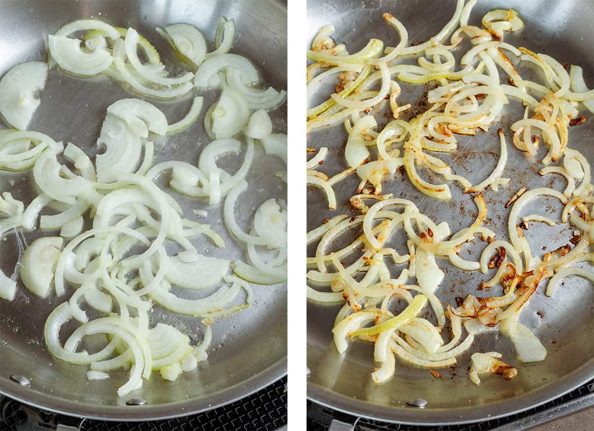 Sliced yellow onion cooking with oil in a large stainless steel pan.
