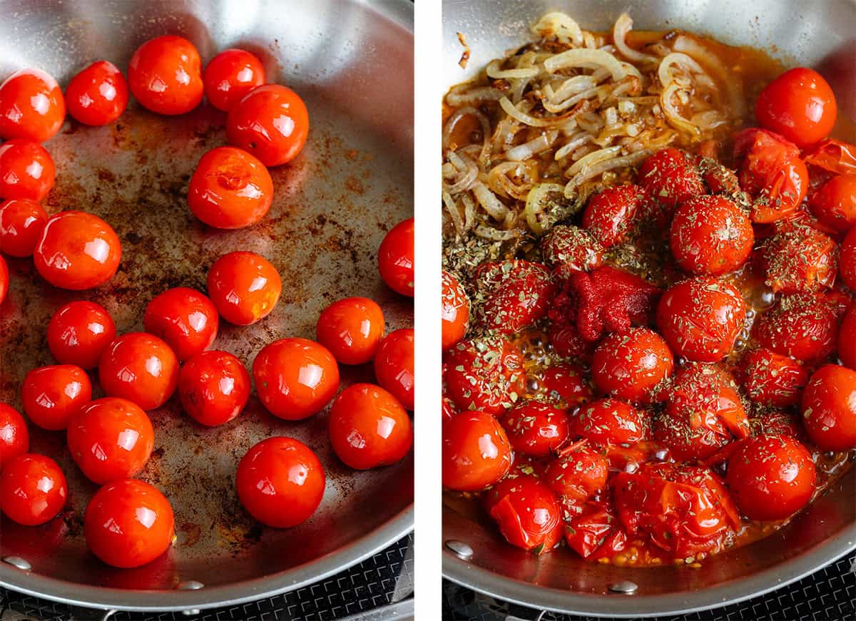 Cherry tomatoes cooking in a large stainless steel pan on the left and with added cooked onions and spices on the right.