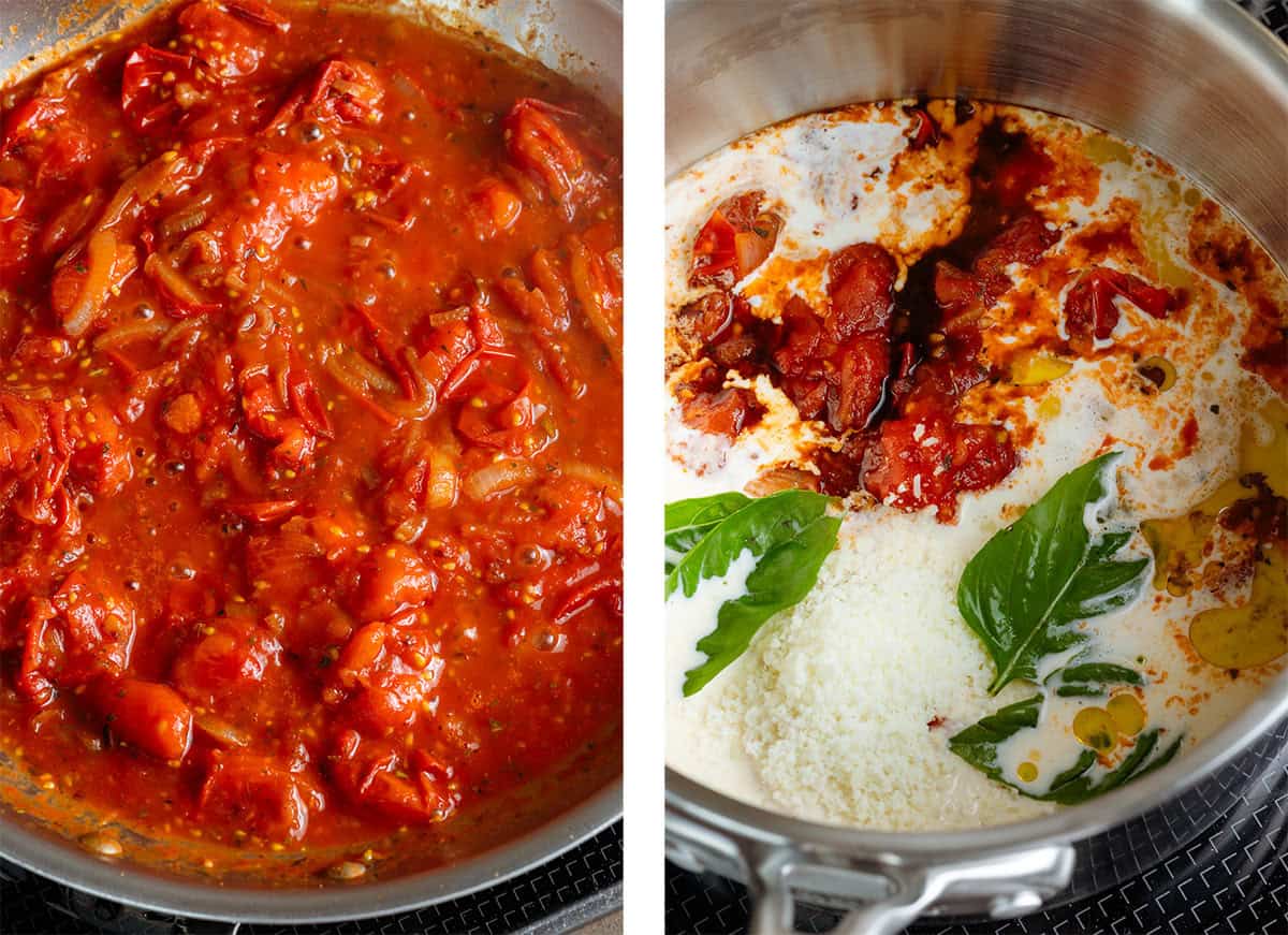 Cooked chunky cherry tomato sauce in a large pan on the left and the sauce transfered to a saucepan with cream, fresh basil, and parmesan on the right.