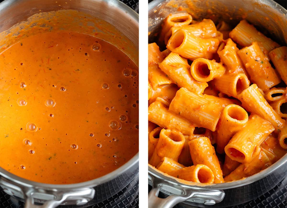 Blended smooth cherry tomato sauce in a saucepan on the left and with cooked rigattoni tossed with the sauce on the right.