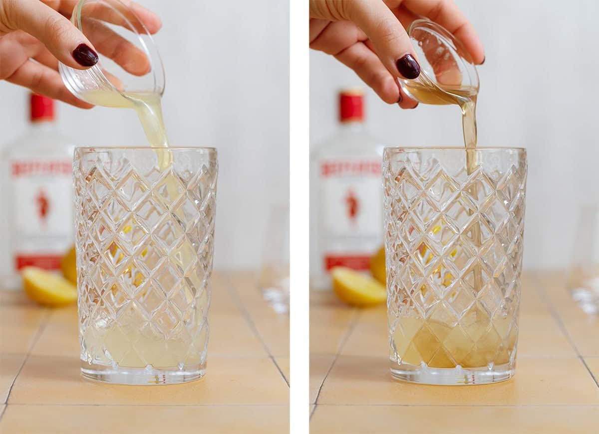 Lemon juice and thyme syrup being poured into a glass shaker.