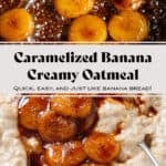Creamy oatmeal in a white bowl topped with caramelized banana slices and sprinkled with cinnamon with a spoon in the bowl on the right.