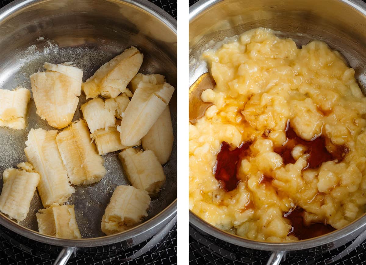 Ripe banana pieces cooking in a small pot with melted butter until completely mushy on the left and caramelized with added maple syrup on the right.