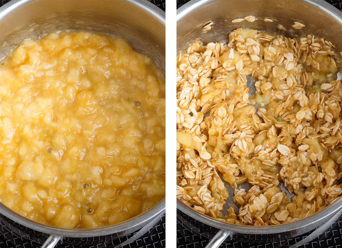 Mashed banana cooking with butter and syrup on the left and rolled oats being stirred in on the right.