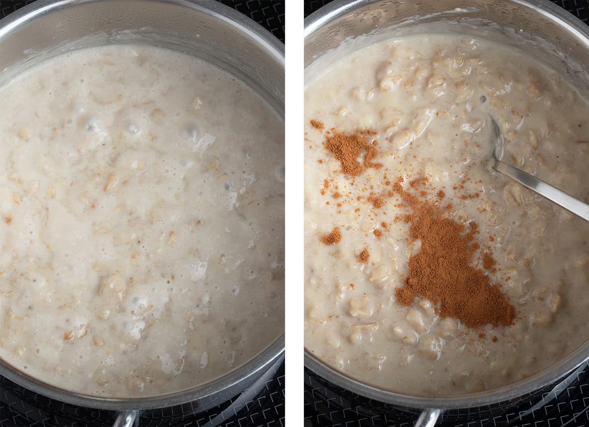 Creamy oatmeal simmering in a small pot after adding milk and oats to the bananas, with a sprinkle of cinnamon added at the end.