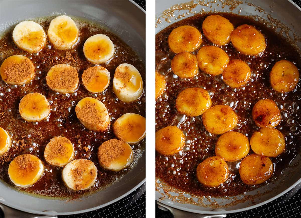 Banana slices caramelizing in a nonstick pan with butter, maple syrup, and a dusting of cinnamon.