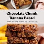 A stack of 5 chocolate chunk banana bread slices on a small wooden cutting board.