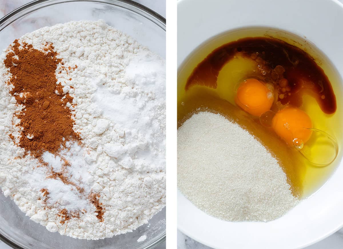 Dry ingredients in a glass bowl on the left and eggs, sugar, oil, and vanilla in a white bowl on the right.