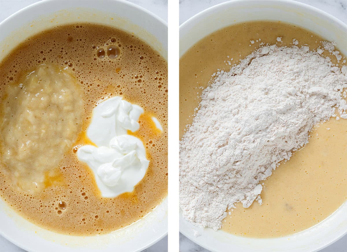 Mashed banana and yogurt being added into whisked wet ingredients in a white bowl on the left and dry ingredients being added on the right.