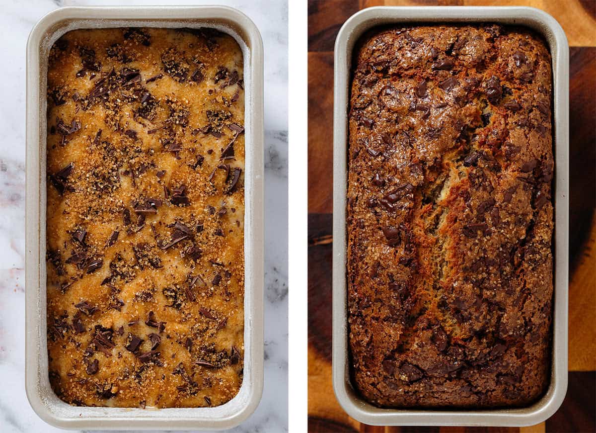 Banana bread with lots of chopped chocolate and sprinkled with turbinado sugar in a loaf pan before and after baking.