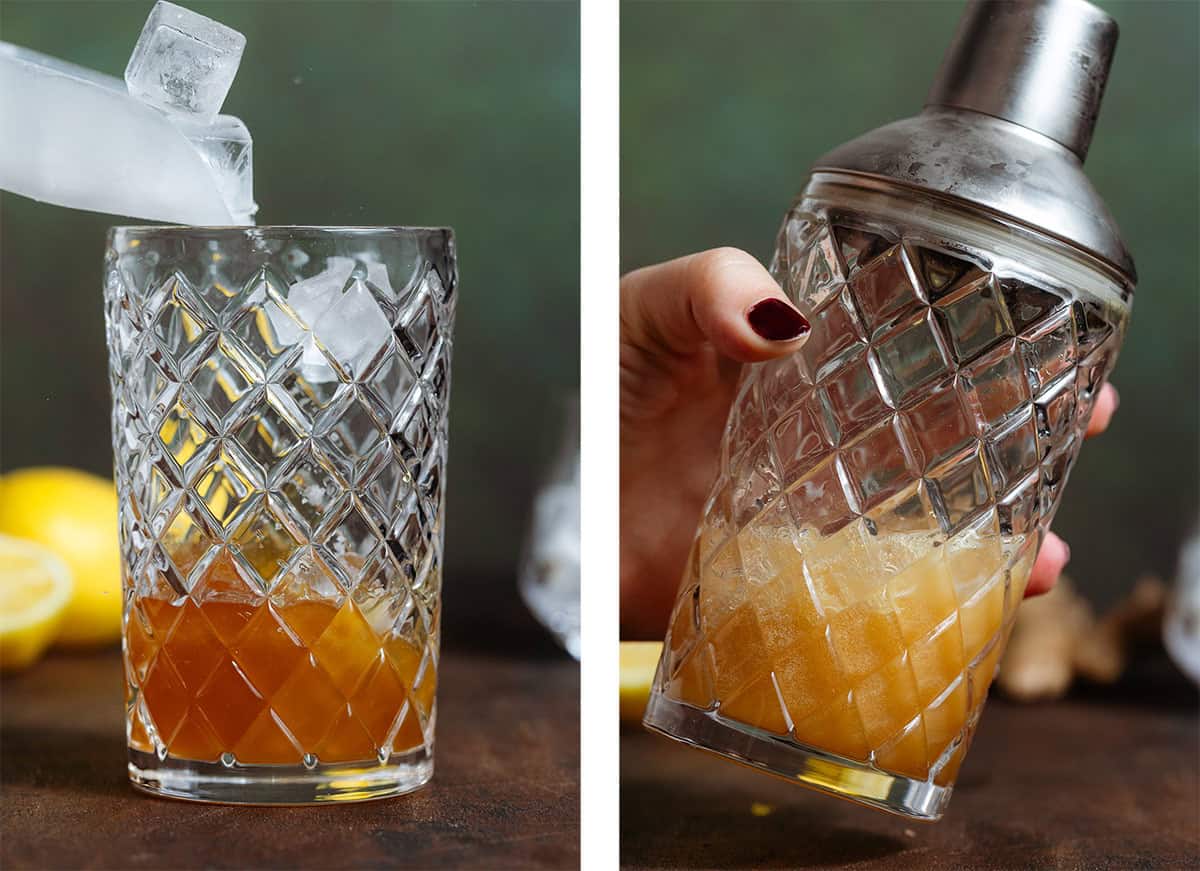 Ice being added into a cocktail shaker on the left and a hand shaking the shaker on the right.