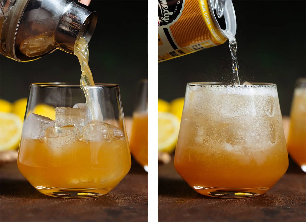 Bourbon cocktail being strained into a short glass over ice on the left and topped with sparkling ginger soda on the right.