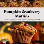 One photo of pumpkin cranberry muffins on a golden cooling rack with a small bowl of fresh cranberries in the top left and another photo on the bottom of two muffins stacked.