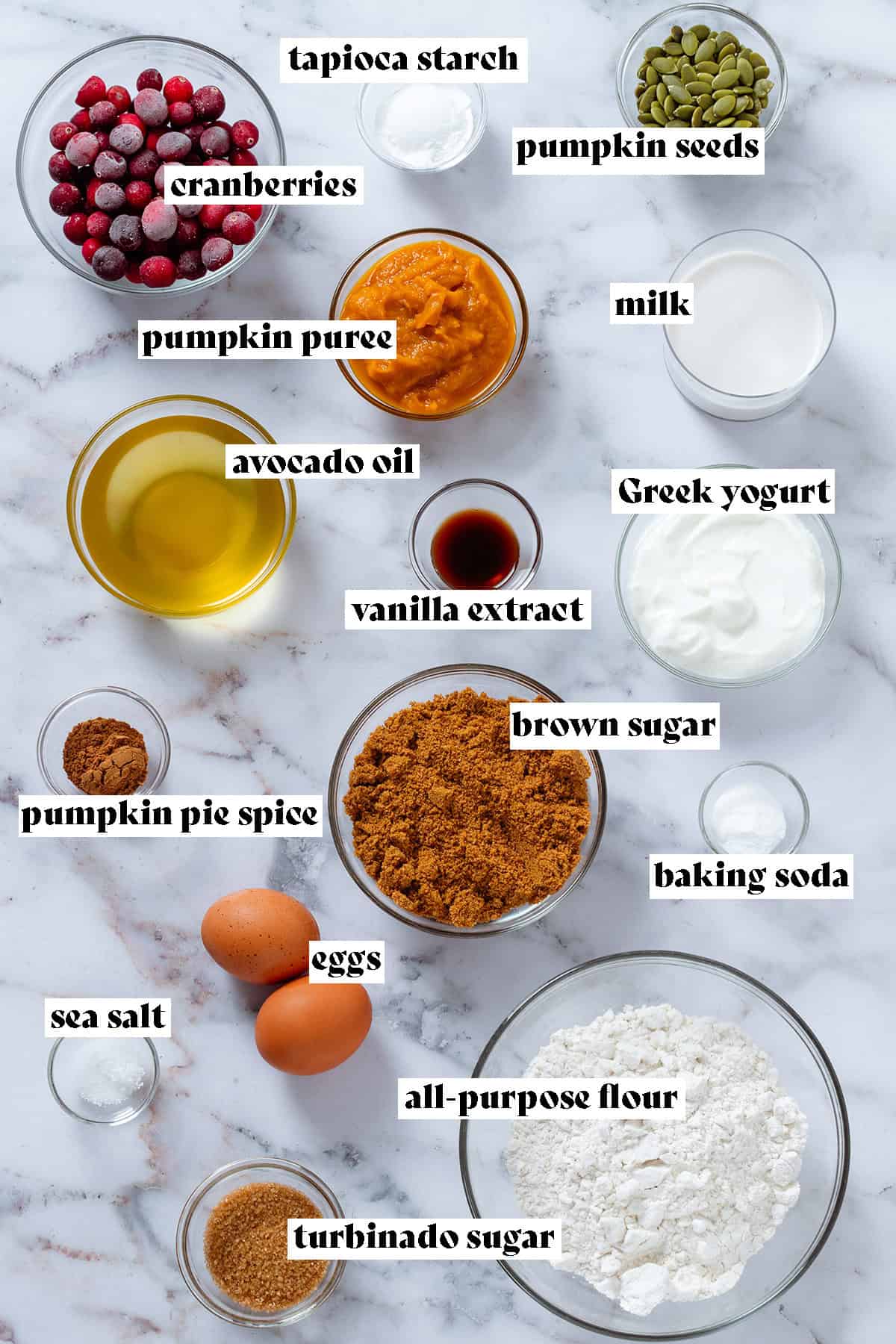 Ingredients like flour, brown sugar, avocado oil, yogurt, pumpkin puree, milk, cranberries, and other ingredients in glass bowls with text overlay.