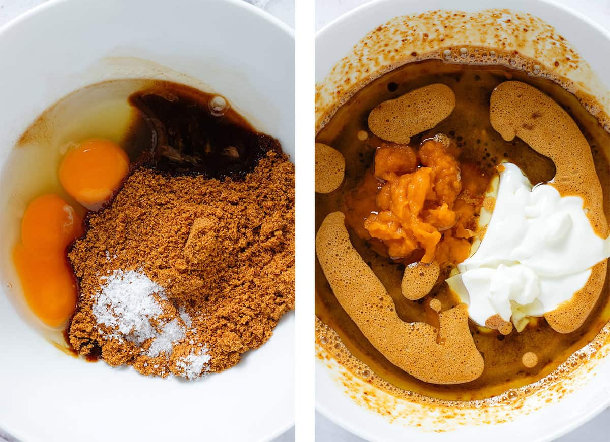 Eggs with brown sugar, vanilla and other ingredients in a white bowl on the left and with added yogurt and pumpkin puree on the right.
