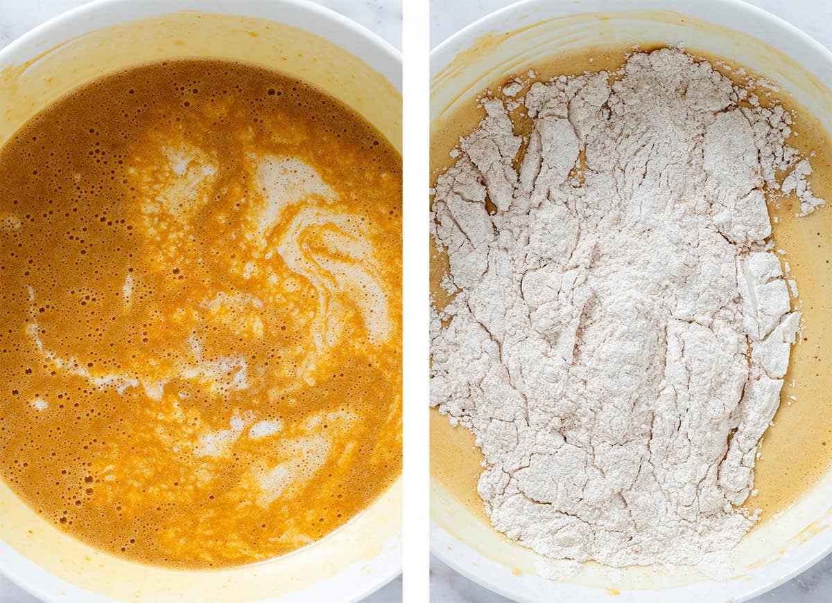 Whisked wet ingredients in a white bowl on the left and with added dry ingredients on the right.