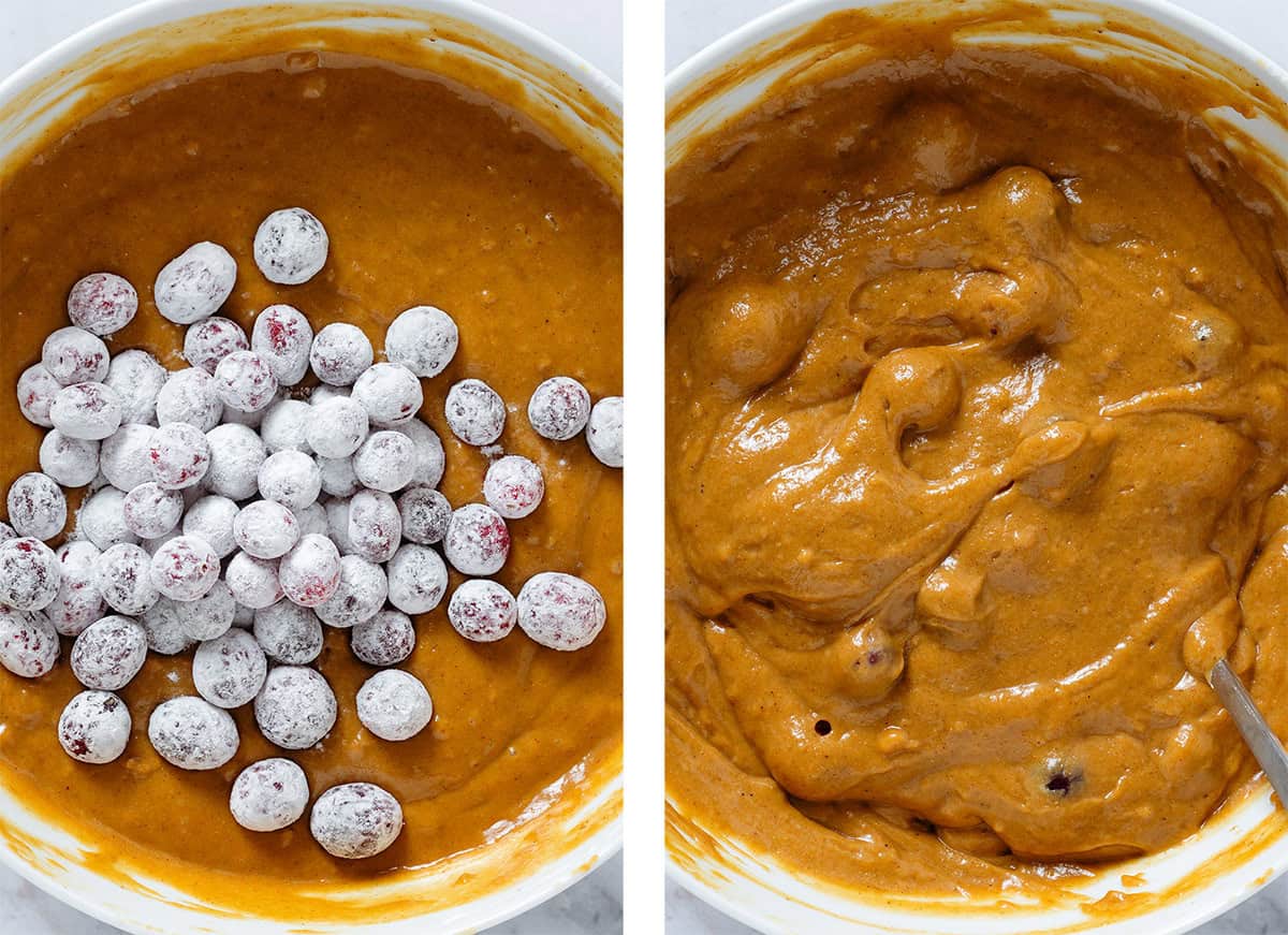 Pumpkin waffle batter with added frozen cranberries covered with starch on the left and after folding them in on the right.