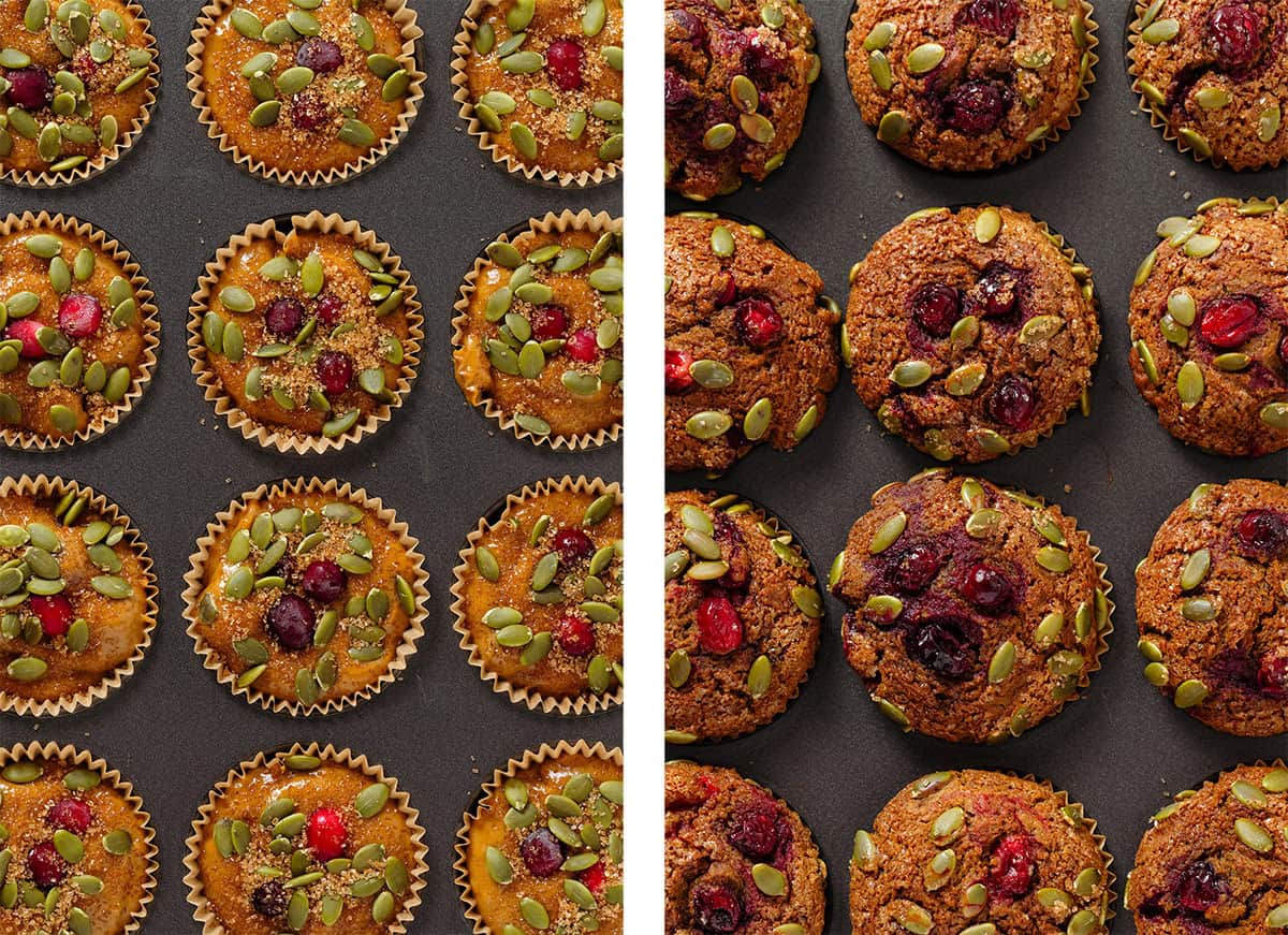 Pumpkin muffins with cranberries and pumpkin seeds in a pan before and after baking.