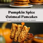 A stack of small pumpkin pancakes on a small beige plate on a green background and a fork showing the fluffy inside.