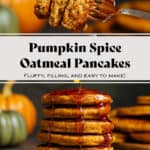 A stack of small pumpkin pancakes on a small beige plate on a green background and a fork showing the fluffy inside.