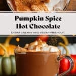 Creamy hot chocolate in a glass mug topped with whipped cream and dusted with pumpkin pie spice.
