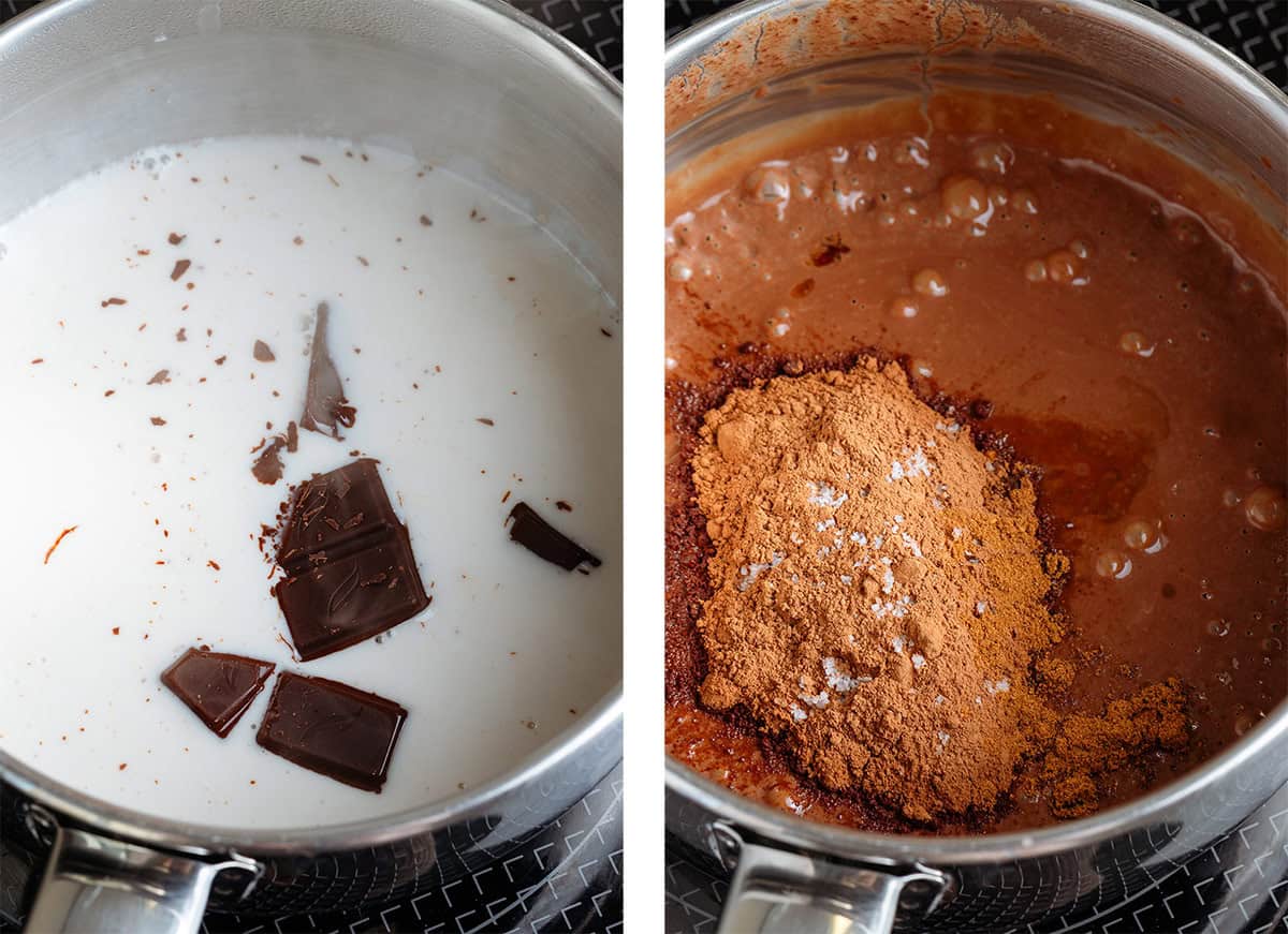 Chopped dark chocolate melting in hot milk on a small saucepan on the left and with added cacao and sea salt after whisking the melted chocolate with the milk.