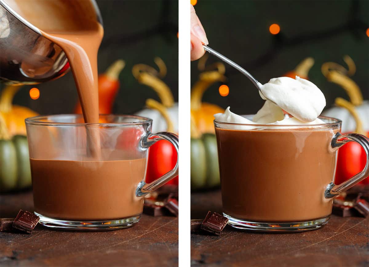 Creamy hot chocolate being poured into a glass mug on the left and being topped with homemade whipped cream on the right.