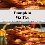 A stack of pumpkin pancakes topped with chopped pecans and drizzled with maple syrup on a small beige plate.