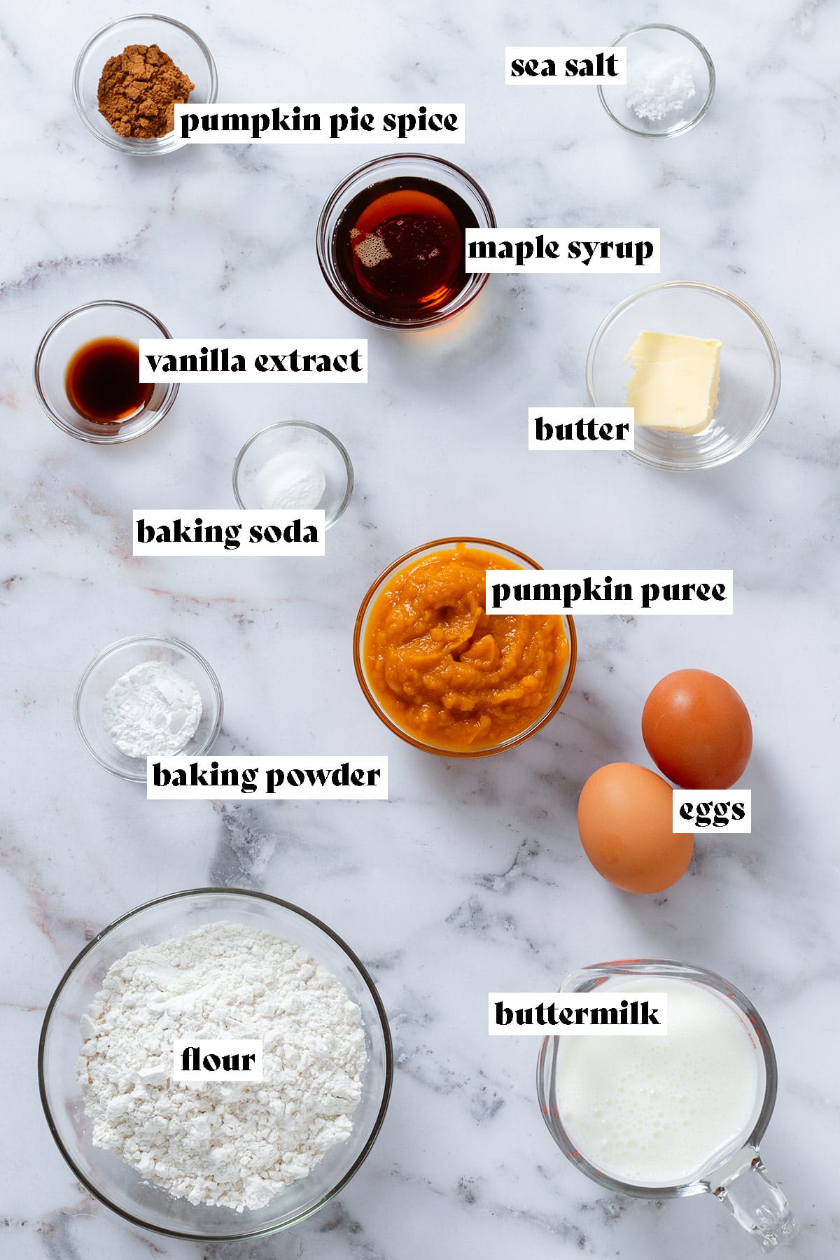 Ingredients like flour, pumpkin puree, butter, maple syrup, spices, and other ingredients in small glass bowls with text overlay.